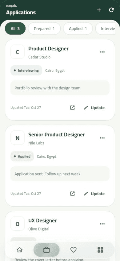Naqab Applications screen. Example data.