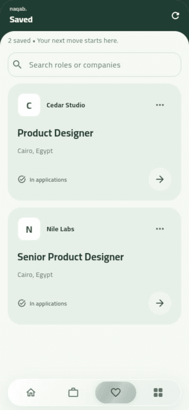 Naqab Saved jobs screen. Example data.